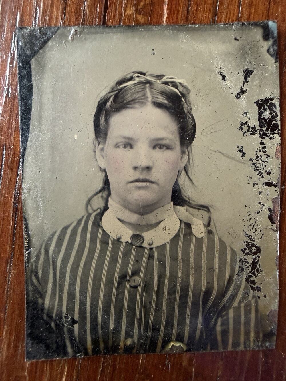 Antique Tintype Of Beautiful Girl, Ribbon In Hair, Tinted Pink Cheeks B&W Photo